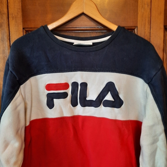 Fila Colorblock Red White Blue Embroidered Logo Crewneck Sweatshirt Size Large - Picture 2 of 10